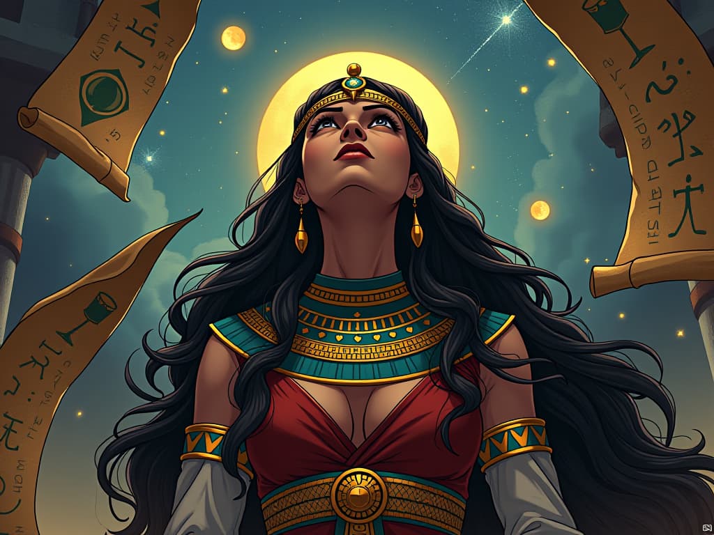  rabia of basra, gazing at the sky with illuminated eyes, surrounded by ancient scrolls, aura of deep wisdom and purity. the style is digital art illustration / modern comic book / mysterious occult, symbolic, esoteric vibe,high detail on character design, incorporating ancient egyptian symbology and attire.