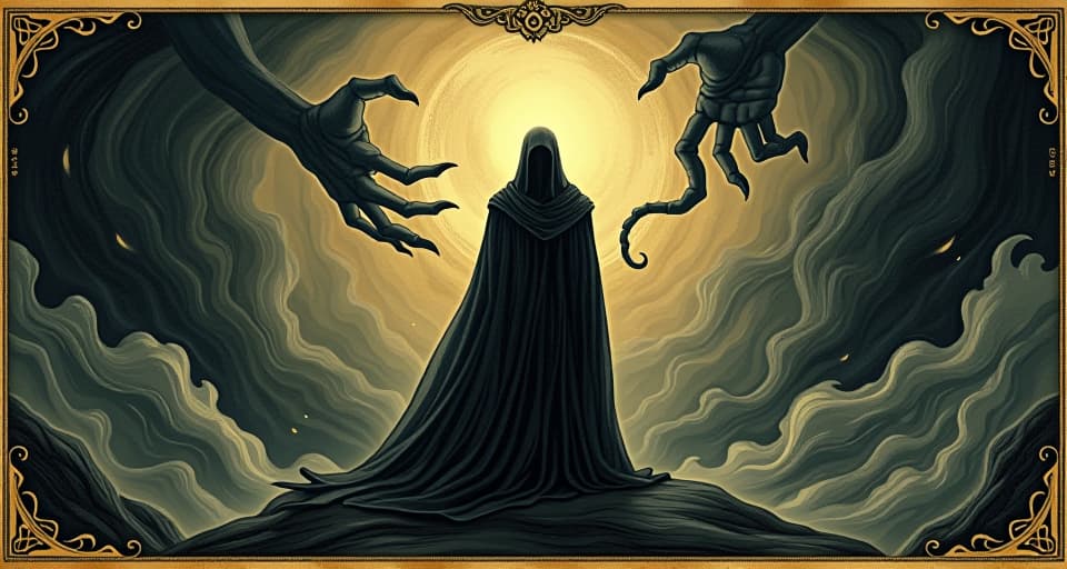  figure standing firm amidst swirling dark forces, resolute stance, background chaotic with dark energies, mood of unyielding courage, continuous struggle, unwavering resilience. an illustration in the style of a worn, mystical old tarot trump card, mysterious and elements of surrealism. the colors are muted, somber and eerie, but with contrast bring out an occult and esoteric vibe.