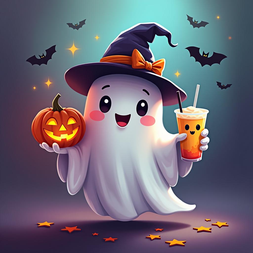  create a digital painting featuring a cute ghost character. the ghost should be wearing a hat. in one hand, the ghost should hold a pumpkin with a carved face, and in the other hand, a halloween themed drink. the background should be colorfull and include small black bats and stars to add a playful halloween touch. the overall style should be cute, whimsical, and colorful hyperrealistic, full body, detailed clothing, highly detailed, cinematic lighting, stunningly beautiful, intricate, sharp focus, f/1. 8, 85mm, (centered image composition), (professionally color graded), ((bright soft diffused light)), volumetric fog, trending on instagram, trending on tumblr, HDR 4K, 8K