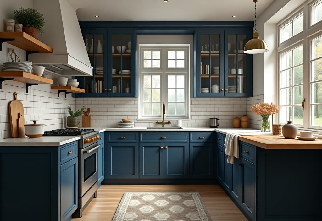  a landscape photo of a cozy galley kitchen with navy blue lower cabinets, open shelving, and a subway tile backsplash, featuring a rolling kitchen island for added workspace hyperrealistic, full body, detailed clothing, highly detailed, cinematic lighting, stunningly beautiful, intricate, sharp focus, f/1. 8, 85mm, (centered image composition), (professionally color graded), ((bright soft diffused light)), volumetric fog, trending on instagram, trending on tumblr, HDR 4K, 8K