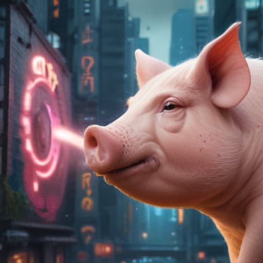 Show A close fist from a human punching the snout of a pig in Cyberpunk style with City background