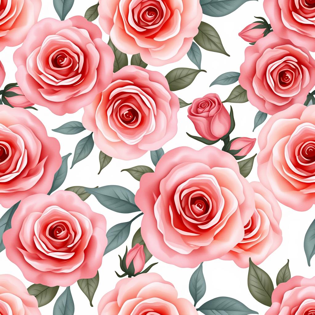  create a seamless digital design featuring a pattern of large, beautiful roses with soft, watercolor like effects. the roses should cover the entire surface, creating a bold, elegant, and continuous look. the overall style should be light and airy, with delicate leaves and petals to enhance the natural, floral theme. the design should be seamless to ensure it can be used in repeating patterns or wraps.