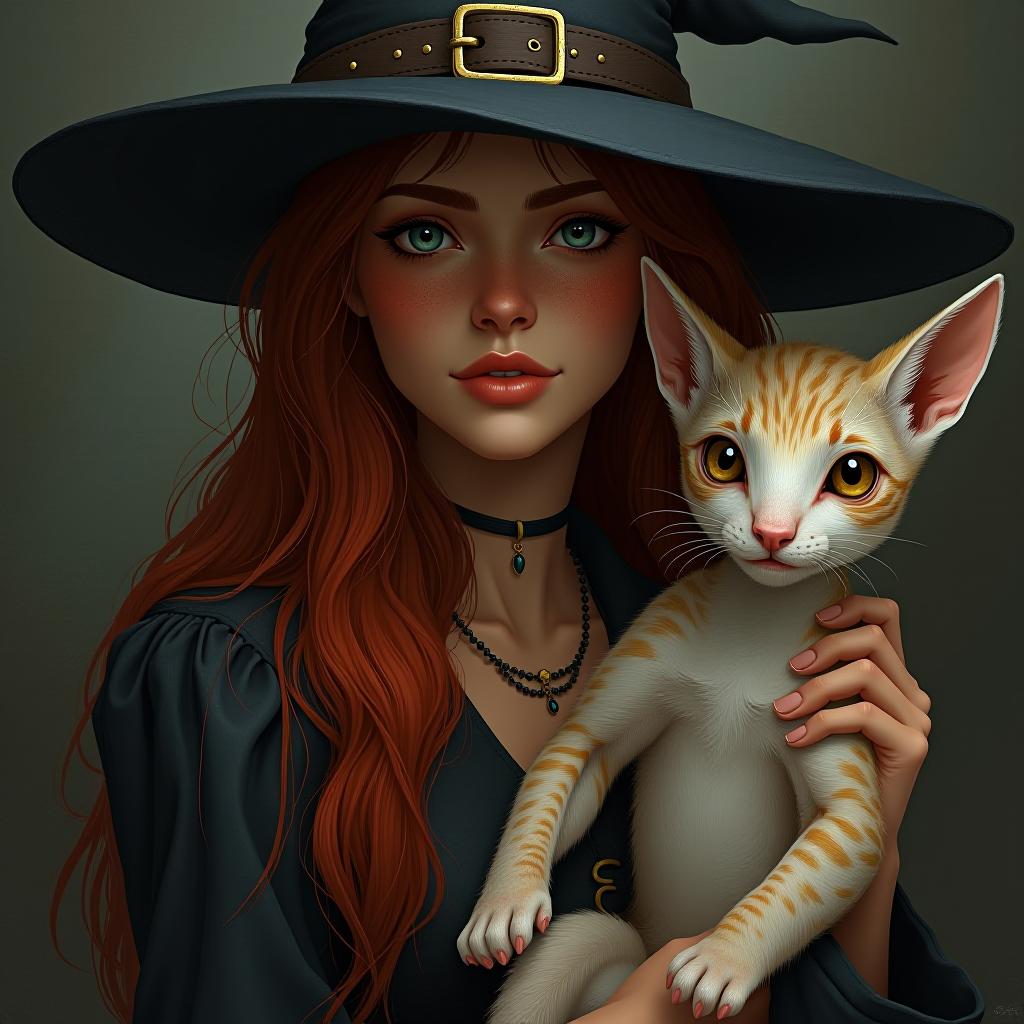  a witch with red hair and freckles. no hat. with a familiar. realism. full height.