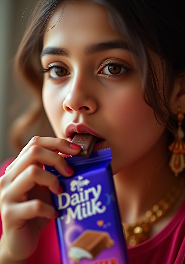  vey cute, female, indian, fair body color, young, model profession, eating chocolate, close eyes, this is advertising of dairy milk chocolate it has a big headline text written "special rakhi offer for your sister" on the screen, and put dairy milk logo at bottom side, packet should be visible very clear, little melt chocolate at her lips face, hyperrealistic, full body, detailed clothing, highly detailed, cinematic lighting, stunningly beautiful, intricate, sharp focus, f/1. 8, 85mm, (centered image composition), (professionally color graded), ((bright soft diffused light)), volumetric fog, trending on instagram, trending on tumblr, HDR 4K, 8K