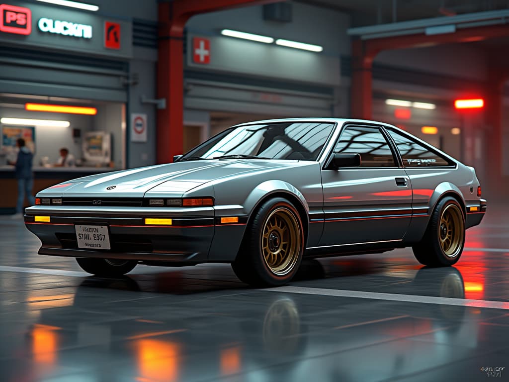  1985 toyota celica gts coupe reimagined for 2025, new, old, stanced, futuristic photo realistic, highly intricate and detailed, masterpiece, ultra high res,photography,8k resolution