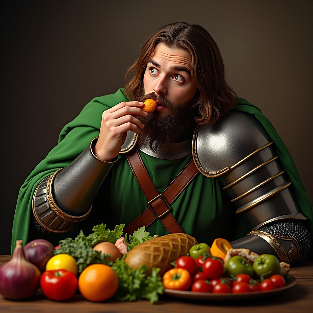  make an image of a man with brown hair in full armor wearing green eating a feast of fruits and vegetables