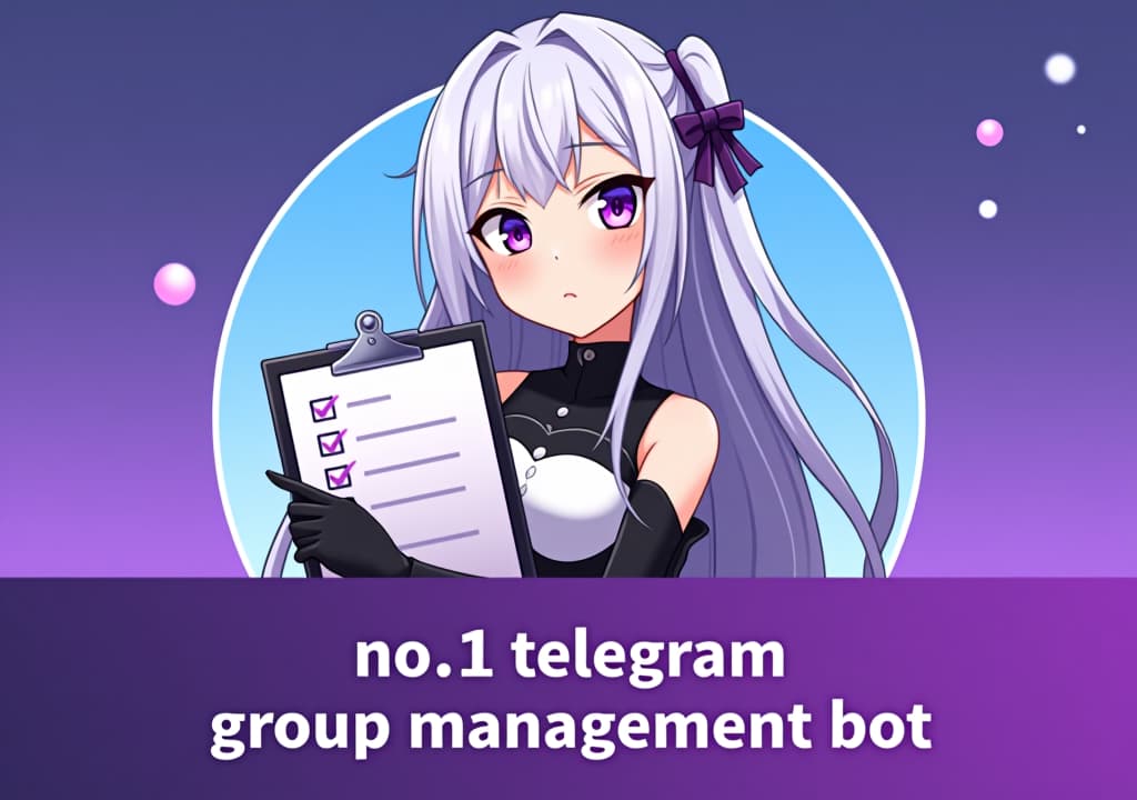  good quality, high quality, a profile picture for a telegram group management bot featuring emilia from re:zero. emilia is depicted with her silver hair and purple eyes, holding a stylized clipboard with a checklist. the background is a soft gradient of purple and blue, symbolizing efficiency and organization. the bottom features a banner poster design with the text "no.1 telegram group management bot " in clean, anime sytle font