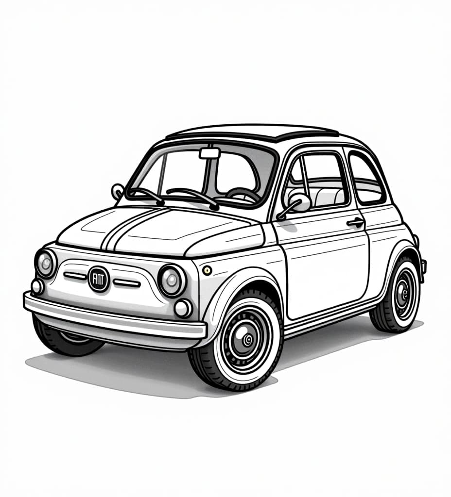  centered black and white high contrast line drawing, coloring book style,fiat 500 2014, made out of 1x1x1 cube blocks if the area to build it was 20x30x30 cubes, monochrome, blank white background