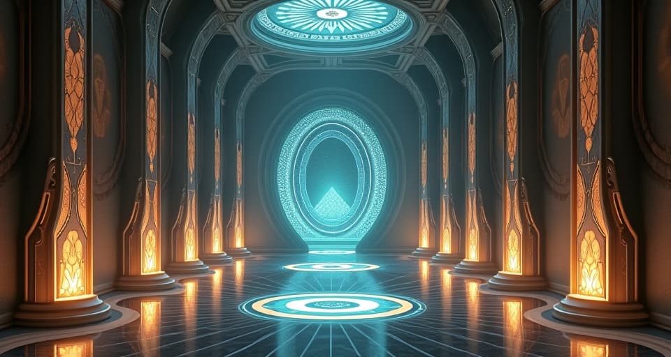  a grand, ethereal chamber with walls that appear to close in gradually. the intricate designs and glowing patterns seem confining, creating a feeling of claustrophobic tension.. the style is digital art illustration,highly detailed, whimsical,magical, dreamlike atmosphere, realism and fantasy blend, smooth, glossy textures,luminous quality, wonder and enchantment.