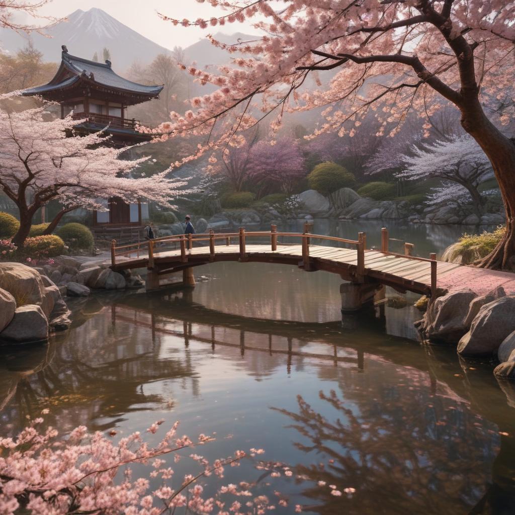 ((masterpiece)),(((best quality))), 8k, high detailed, ultra detailed,A peaceful garden with blooming cherry blossoms, a traditional Japanese wooden bridge crossing over a tranquil pond, koi fish swimming gracefully under the clear water, a majestic Mount Fuji in the distance, a lone samurai meditating under a cherry blossom tree, (cranes soaring in the sky), soft pink and white color palette, warm sunlight filtering through the cherry blossom petals hyperrealistic, full body, detailed clothing, highly detailed, cinematic lighting, stunningly beautiful, intricate, sharp focus, f/1. 8, 85mm, (centered image composition), (professionally color graded), ((bright soft diffused light)), volumetric fog, trending on instagram, trending on tumblr, HDR 4K, 8K