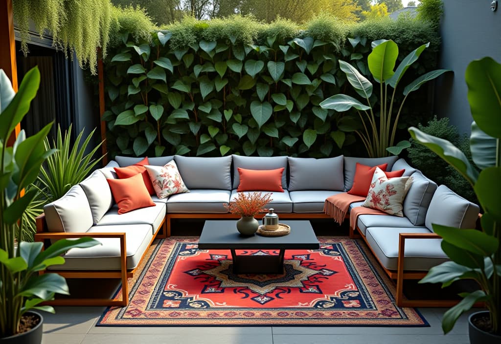  a landscape photo of a tranquil patio lounge area featuring a modern outdoor sectional, colorful outdoor rugs, and a sleek coffee table, surrounded by tall potted plants and a backdrop of a vertical garden wall, viewed from above hyperrealistic, full body, detailed clothing, highly detailed, cinematic lighting, stunningly beautiful, intricate, sharp focus, f/1. 8, 85mm, (centered image composition), (professionally color graded), ((bright soft diffused light)), volumetric fog, trending on instagram, trending on tumblr, HDR 4K, 8K