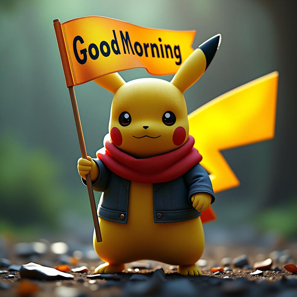  pikachu having a flag with good morning pokechain fam hyperrealistic, full body, detailed clothing, highly detailed, cinematic lighting, stunningly beautiful, intricate, sharp focus, f/1. 8, 85mm, (centered image composition), (professionally color graded), ((bright soft diffused light)), volumetric fog, trending on instagram, trending on tumblr, HDR 4K, 8K