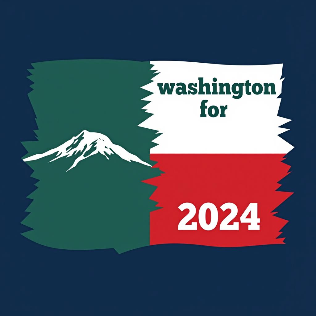  a tshirt design inspired by the washington state flag. the left side features a green vertical stripe with a large mountain in the center. the right side is divided into two horizontal sections: the top section is white with the text 'washington for' in bold, green, uppercase letters, and the bottom section is red with the text 'harris walz 2024' in bold, white, uppercase letters. the overall layout is clean and straightforward, with a clear and patriotic color scheme of blue, white, and red.