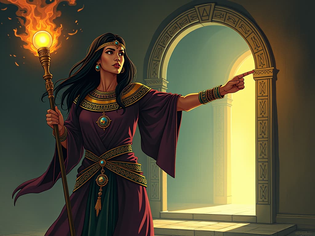  female sorceress in mystical attire, holding a glowing staff, pointing towards a doorway of opportunities, showcasing power to transform uncertainty. the style is digital art illustration / modern comic book / mysterious occult, symbolic, esoteric vibe,high detail on character design, incorporating ancient egyptian symbology and attire.