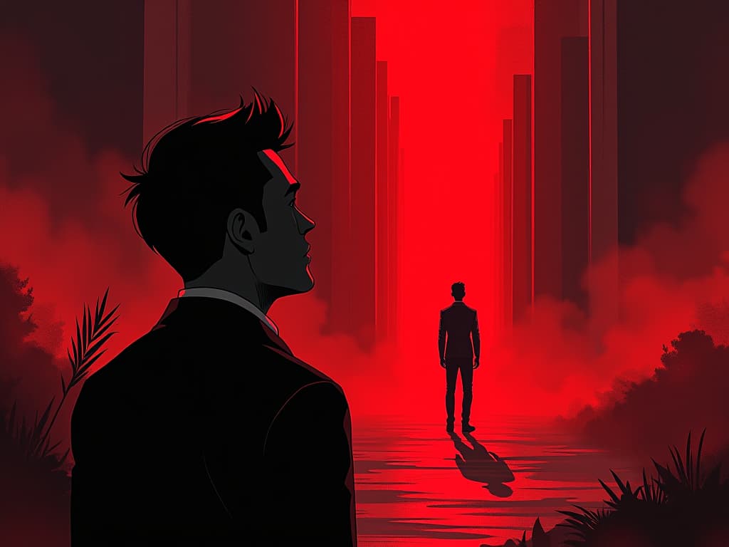  colleague in red looking up at inspiring manager, modern office, clear path ahead, mood of honesty and self improvement. the style is digital art illustration / modern comic book / graphic dark novel fantasy and mysterious occult, symbolic, moody lighting, esoteric vibe,high detail on character design. for the color scheme emphasize blacks and reds.