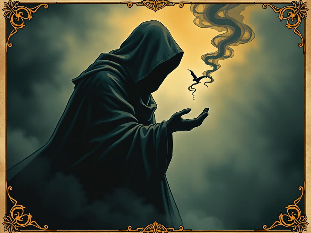  a figure cloaked in shadow, whispering to the darkness, ethereal tendrils of mist, hidden deceit. an illustration in the style of a worn, mystical old tarot trump card, mysterious and elements of surrealism. the colors are muted, somber and eerie, but with contrast bring out an occult and esoteric vibe.