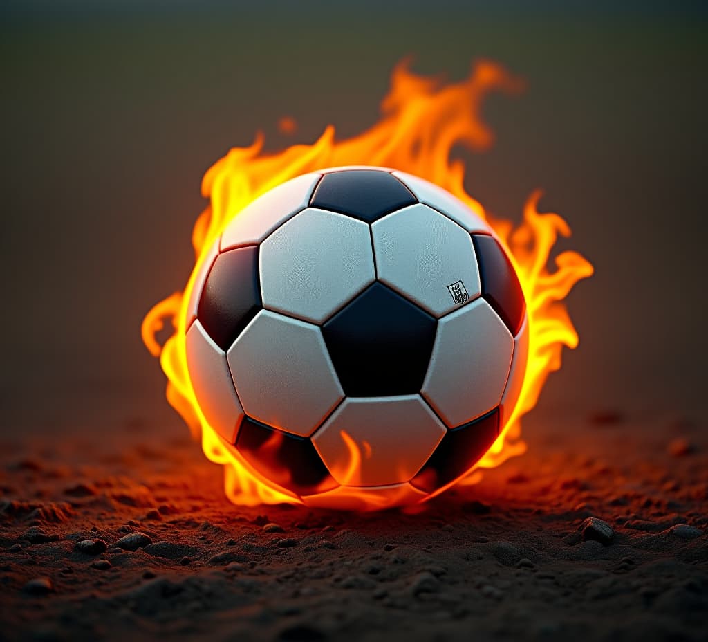  soccer ball surrounded by flames on dirt field