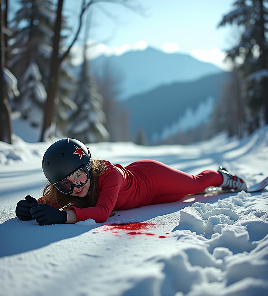  a girl wearing a tight skiing suit laying on the floor after crashing into a tree with a skiing mountain and a blood trail in the background