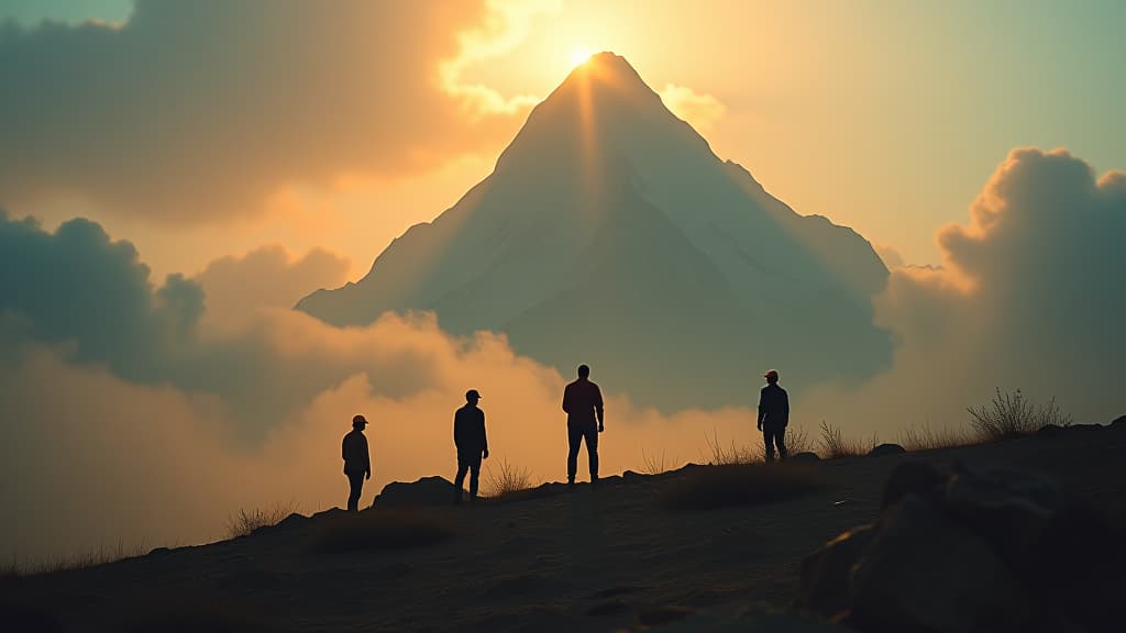  an epic battle of wills as humanity attempts to build a mountain towards heaven, personified through the figures of builders enacting their pride. hyperrealistic, full body, detailed clothing, highly detailed, cinematic lighting, stunningly beautiful, intricate, sharp focus, f/1. 8, 85mm, (centered image composition), (professionally color graded), ((bright soft diffused light)), volumetric fog, trending on instagram, trending on tumblr, HDR 4K, 8K