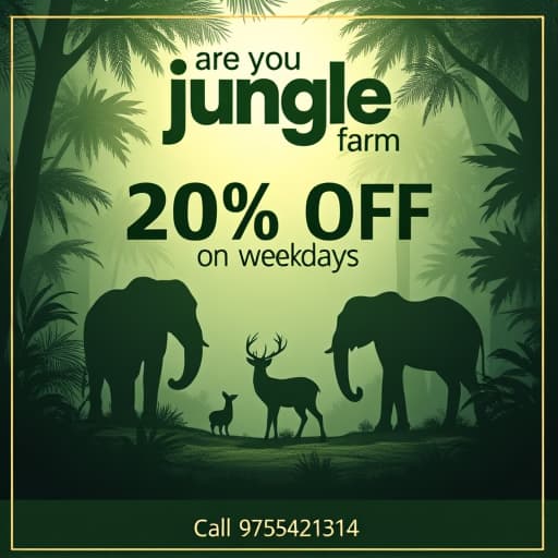  create a wildlife themed offer post for 'are you ready junglees? with the following elements: main message: '20% off on weekdays' in bold, natural colored font (dark green or earthy brown). call to action: 'call 9785421314' prominently displayed below the offer. theme: incorporate elements of wildlife, such as silhouettes of animals (e.g., deer, elephants, birds), lush greenery, and natural textures like wood or leaves. logo style: use 'the junglee farm' logo at the top of the post. the logo features a bold, serif font with slightly curved edges, rendered in a deep green color with a subtle texture, giving it a natural, organic feel. the text has a slightly raised, embossed effect, emphasizing its prominence. surround the logo with jungl hyperrealistic, full body, detailed clothing, highly detailed, cinematic lighting, stunningly beautiful, intricate, sharp focus, f/1. 8, 85mm, (centered image composition), (professionally color graded), ((bright soft diffused light)), volumetric fog, trending on instagram, trending on tumblr, HDR 4K, 8K