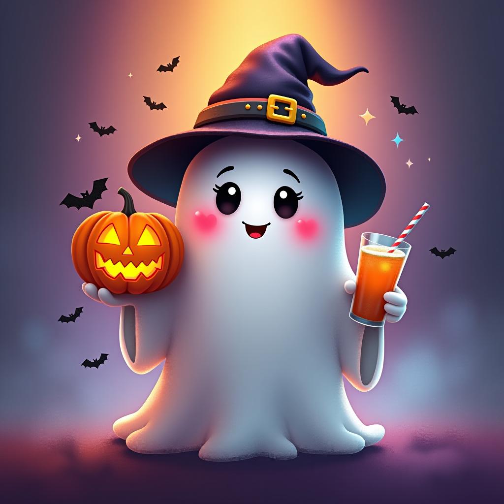  create a digital painting featuring a cute ghost character. the ghost should be wearing a hat. in one hand, the ghost should hold a pumpkin with a carved face, and in the other hand, a halloween themed drink. the background should be colorfull and include small black bats and stars to add a playful halloween touch. the overall style should be cute, whimsical, and colorful hyperrealistic, full body, detailed clothing, highly detailed, cinematic lighting, stunningly beautiful, intricate, sharp focus, f/1. 8, 85mm, (centered image composition), (professionally color graded), ((bright soft diffused light)), volumetric fog, trending on instagram, trending on tumblr, HDR 4K, 8K