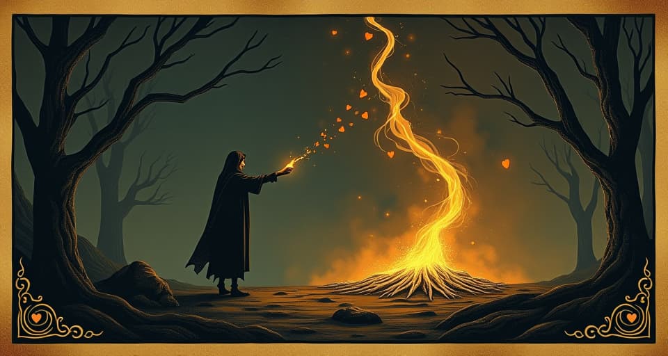  a lone figure igniting a fire, sparks catching, dark surroundings, hearts symbolically lighting up, liberation, hope emerging from darkness. an illustration in the style of a worn, mystical old tarot trump card, mysterious and elements of surrealism. the colors are muted, somber and eerie, but with contrast bring out an occult and esoteric vibe.