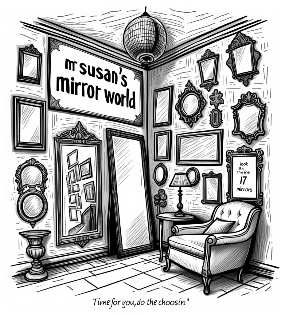  t shirt design . a black on white vector illustration, showing the corner of a room. on the walls are many mirrors in all many shapes and sizes some square, circle, rectangle, oval, some ornate and fancy, some modern style, and a full length floor mirror. a small disco ball hanging from the ceiling. distressed sketch. large sign logo on the wall that says "mr susan’s mirror world" two sale sign with text "look at them shine" and "over 17 mirrors". and on the bottom, tagline that says " time for you, to do the choosin' ", high quality, high details, hd, perfect composition, 4k epic detailed, highly detailed, sharp focus, high resolution