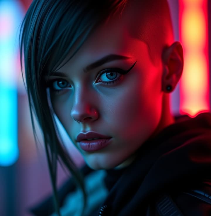  ultra realistic close up portrait ((beautiful pale cyberpunk female with heavy black eyeliner)), blue eyes, shaved side haircut, hyper detail, cinematic lighting, magic neon, dark red city, canon eos r3, nikon, f/1.4, iso 200, 1/160s, 8k, raw, unedited, symmetrical balance, in frame, 8k hyperrealistic, full body, detailed clothing, highly detailed, cinematic lighting, stunningly beautiful, intricate, sharp focus, f/1. 8, 85mm, (centered image composition), (professionally color graded), ((bright soft diffused light)), volumetric fog, trending on instagram, trending on tumblr, HDR 4K, 8K