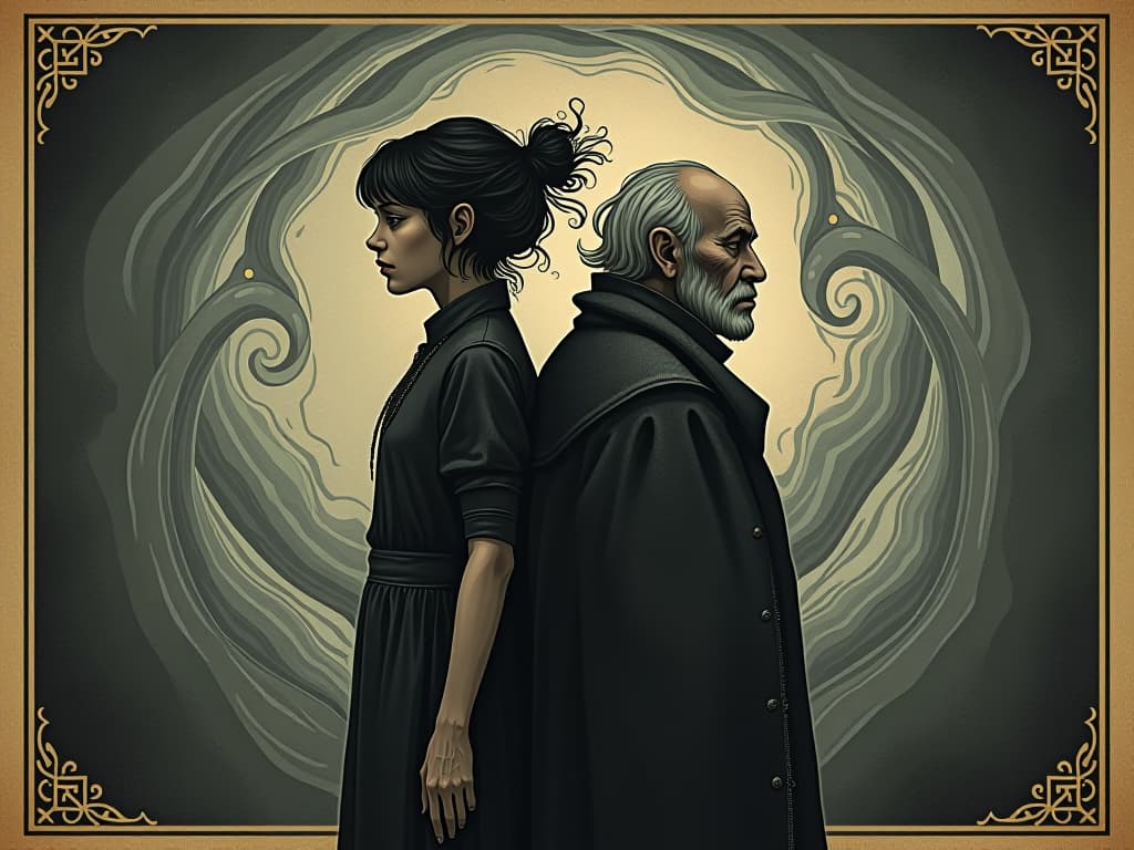  two figures, one youthful, one elderly, standing back to back, interconnected by swirling energy, physical contrast, age fluctuations, quantum like aura.. an illustration in the style of a worn, mystical old tarot trump card, mysterious and elements of surrealism. the colors are muted, somber and eerie, but with contrast bring out an occult and esoteric vibe.