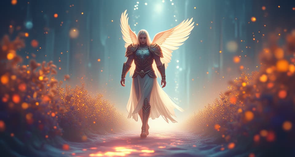  strong ethereal being dressed in a glowing armor, walking on a bright path lined with luminescent flora, divine light shining down, ethereal and divine journey, trust in the plan. the style is digital art illustration,highly detailed, whimsical,magical, dreamlike atmosphere, realism and fantasy blend, smooth, glossy textures,luminous quality, wonder and enchantment.