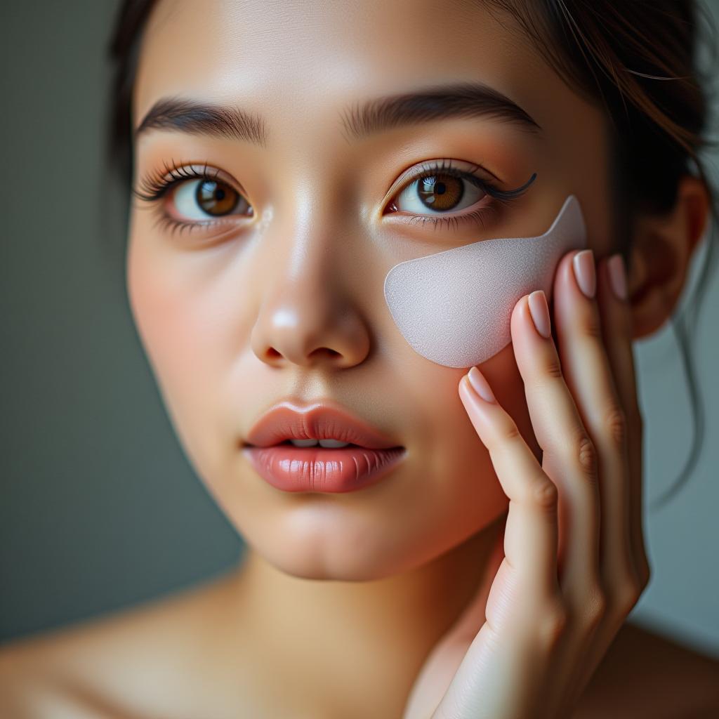  the woman is using iseul hydrogel patches for the skin around her eyes.