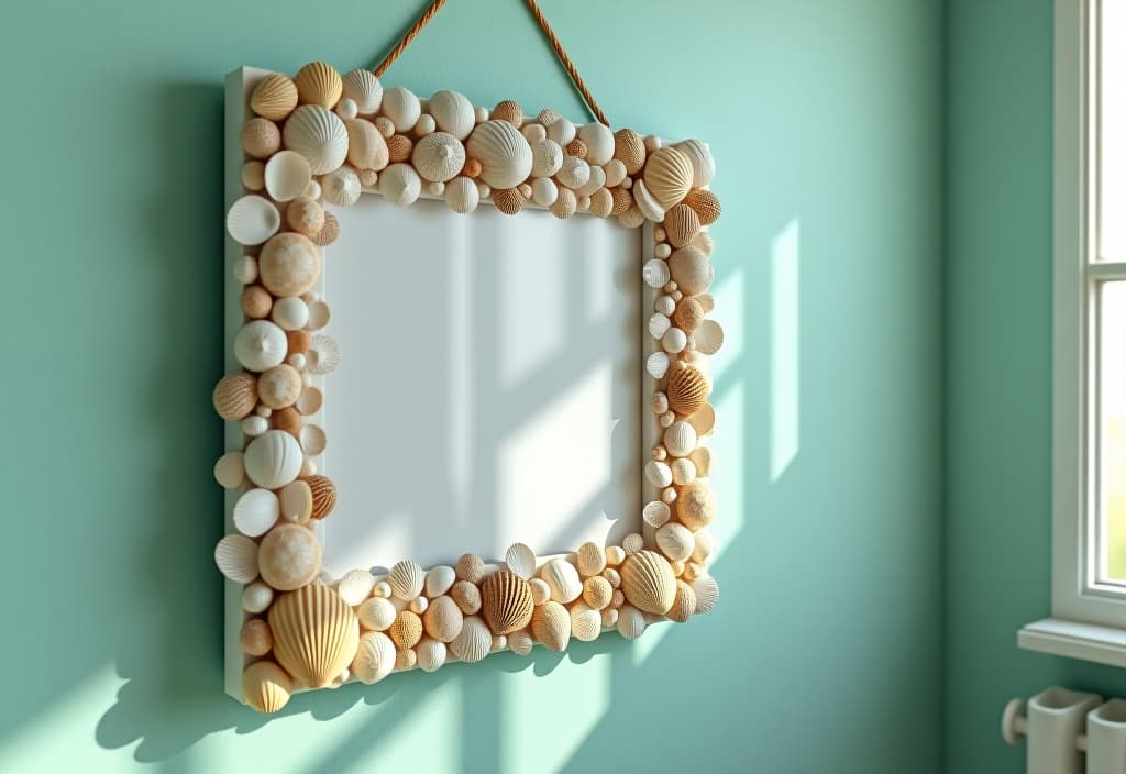  a landscape photo of a close up of a diy seashell encrusted picture frame hanging on a pale aqua wall, reflecting soft natural light from a nearby window hyperrealistic, full body, detailed clothing, highly detailed, cinematic lighting, stunningly beautiful, intricate, sharp focus, f/1. 8, 85mm, (centered image composition), (professionally color graded), ((bright soft diffused light)), volumetric fog, trending on instagram, trending on tumblr, HDR 4K, 8K