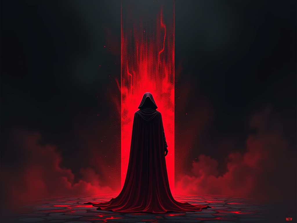  shadowy figure in red close to a black barrier, energy emanating from it, shield of guilt and shame, gloomy atmosphere. the style is digital art illustration / modern comic book / graphic dark novel fantasy and mysterious occult, symbolic, moody lighting, esoteric vibe,high detail on character design. for the color scheme emphasize blacks and reds.