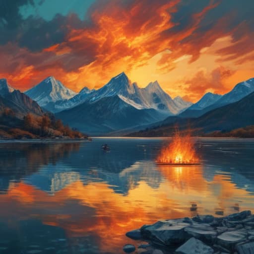 Fire above water with land and sky in Van Gogh style with Mountains background