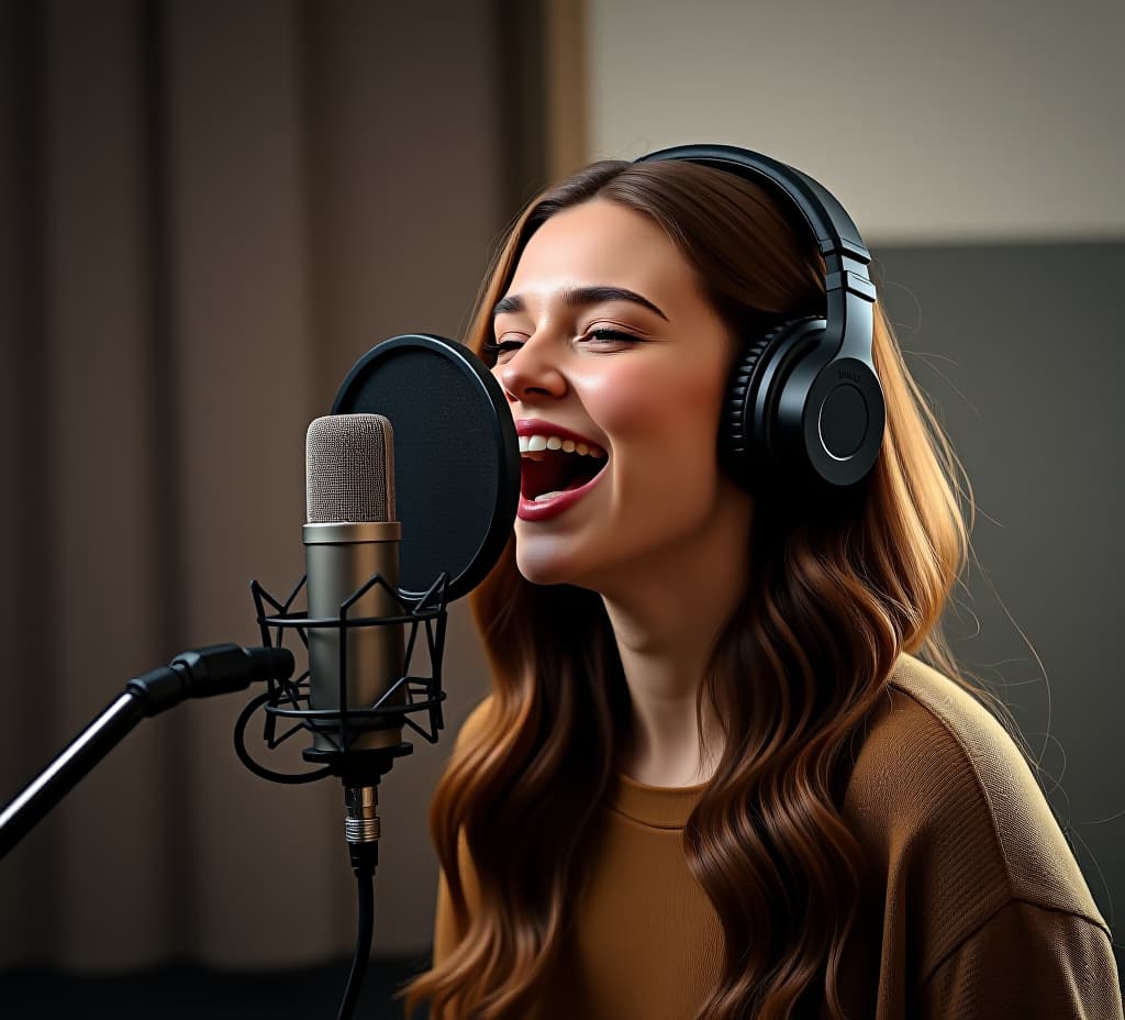  young woman in recording studio. she sings passionately into a professional microphone, wearing headphones. the photo is perfect for music related content. it represents creativity and emotion.