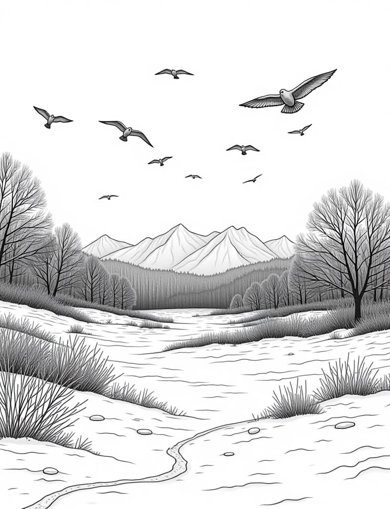  this is for an adult coloring page. a detailed black and white line art of a snowy snowy landscape with a flock of birds flying overhead on a solid white background.