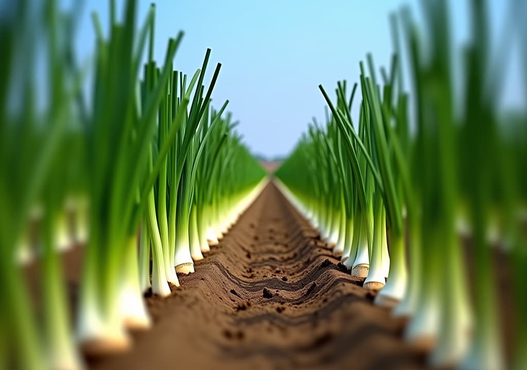  rows of fertile leeks on the ground in a field with a blue sky in the background