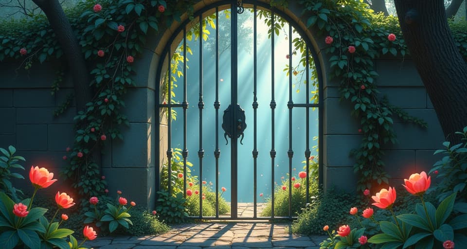  an iron gate shutting tightly, its bars dark and solid, framed by a mystical garden. soft, glowing vines entwine around the gate, symbolizing finality and closure, in a serene, ethereal setting.. the style is digital art illustration,highly detailed, whimsical,magical, dreamlike atmosphere, realism and fantasy blend, smooth, glossy textures,luminous quality, wonder and enchantment.