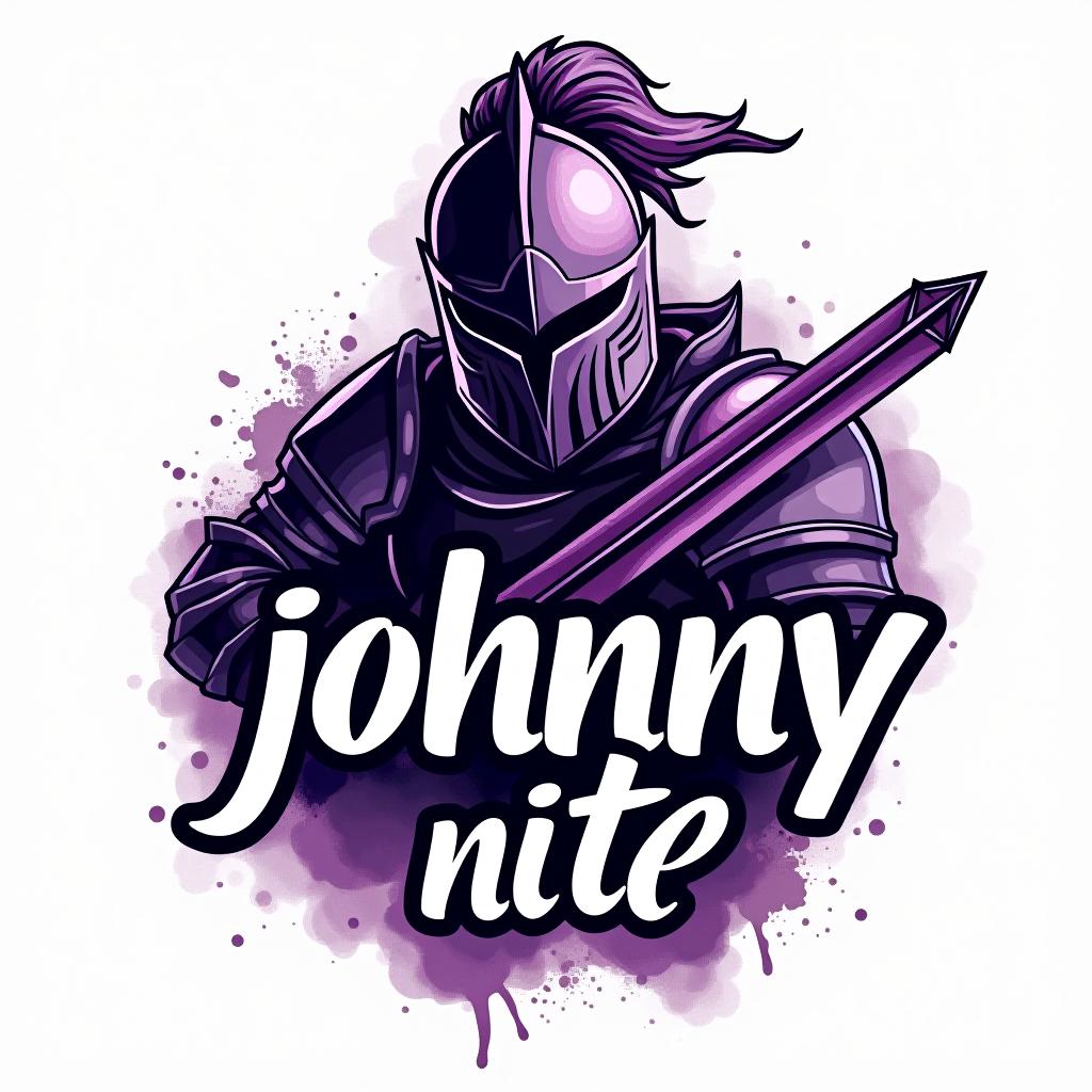  design a logo, in a watercolor style. knight graffiti purple and black, with the text 'johnny nite'.