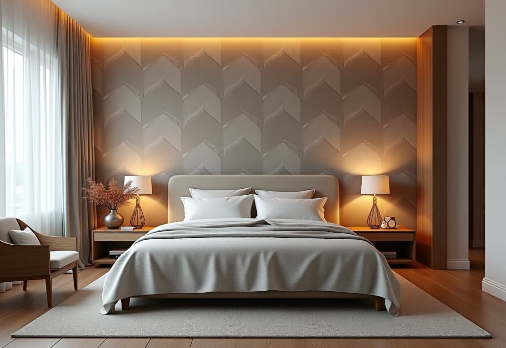  a landscape photo of a stylish bedroom with a feature wall covered in geometric patterned wallpaper in muted tones, with soft lighting and minimalist furniture hyperrealistic, full body, detailed clothing, highly detailed, cinematic lighting, stunningly beautiful, intricate, sharp focus, f/1. 8, 85mm, (centered image composition), (professionally color graded), ((bright soft diffused light)), volumetric fog, trending on instagram, trending on tumblr, HDR 4K, 8K