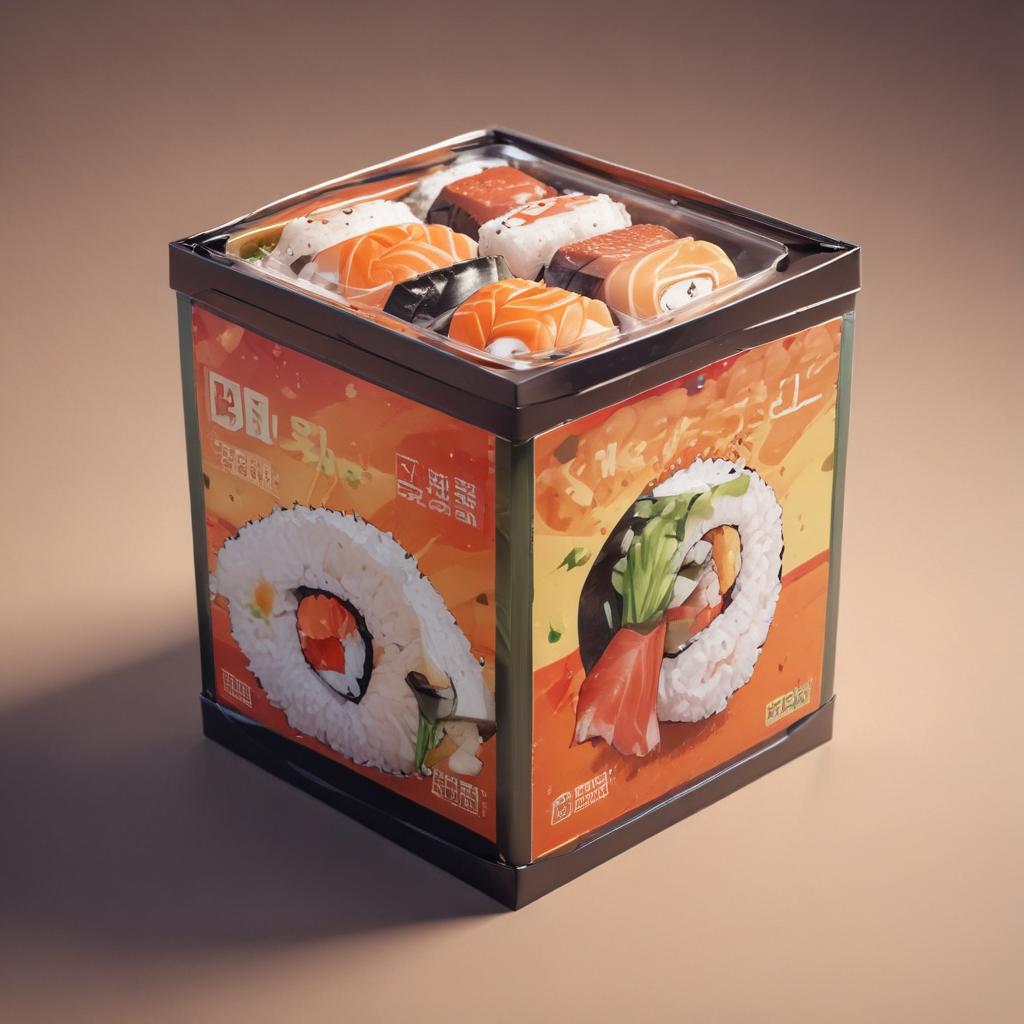 distance-shot, flashy, full-body, dynamic, holographic, animated cartoon poster of a take-out box of sushi in the style of dragon ball super