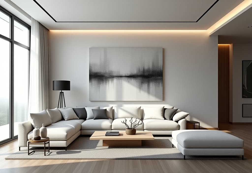  a landscape photo of a minimalist living room with a monochromatic color scheme, featuring clean lines, a large abstract canvas, and strategically placed lighting for a dramatic effect hyperrealistic, full body, detailed clothing, highly detailed, cinematic lighting, stunningly beautiful, intricate, sharp focus, f/1. 8, 85mm, (centered image composition), (professionally color graded), ((bright soft diffused light)), volumetric fog, trending on instagram, trending on tumblr, HDR 4K, 8K