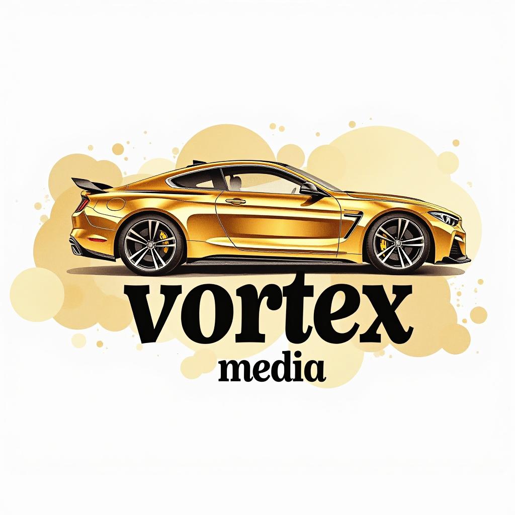  design a logo, watercolor style, logo of a car, gold color, with the text 'vortex media'.