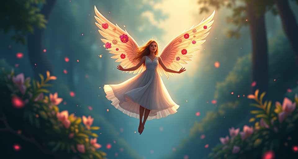  an ethereal angel with floral wings, hovering above a glowing, magical forest. her piercing gaze is focused ahead, an aura of illuminating truth emanates from her presence, casting light into the shadows.. the style is digital art illustration,highly detailed, whimsical,magical, dreamlike atmosphere, realism and fantasy blend, smooth, glossy textures,luminous quality, wonder and enchantment.