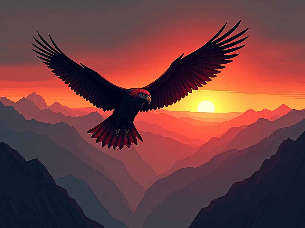  eagle soaring over a vast mountain range, red tint in feathers, sunrise casting golden hues, sense of lofty ambition. the style is digital art illustration / modern comic book / graphic dark novel fantasy and mysterious occult, symbolic, moody lighting, esoteric vibe,high detail on character design. for the color scheme emphasize blacks and reds.