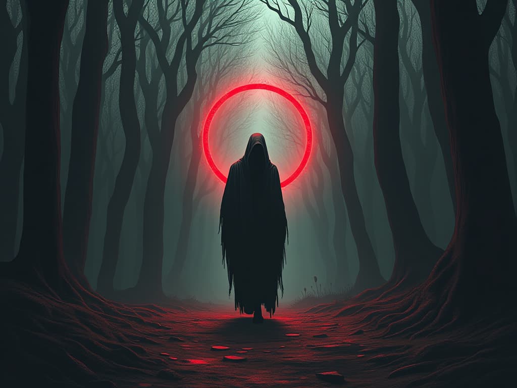  a gaunt figure, cloaked in tattered robes, walking endlessly in a skeletal forest, ghostly echoes of past mistakes billowing around them. the figure's path is a looping circle, symbolizing being stuck in a cycle of regret, unable to escape the shadows of missed chances.. the style is dark fantasy and mysterious occult, symbolic, moody lighting, esoteric vibe,high detail on character design. for the color scheme emphasize blacks and reds.