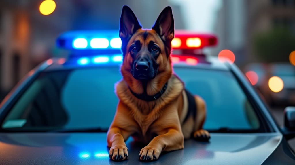  trained k9 german shepherd police guard dog sitting on the hood of car vehicle with blue and red lights on security service brown and black animal, street crime, safety, protect