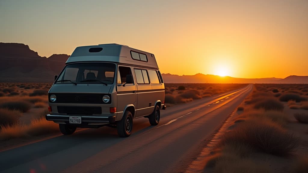  a vintage van traveling, nomadic escape alone in nature at sunset, on a desert path for a road trip towards adventure and freedom