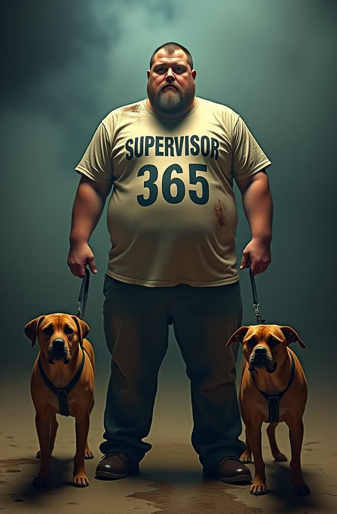  "an obese, dirty, and disheveled man wearing a t shirt with the words 'supervisor 365', stained with oil and torn in places. he is holding three dogs on leashes. above them, the title 'supervisores' is displayed." hyperrealistic, full body, detailed clothing, highly detailed, cinematic lighting, stunningly beautiful, intricate, sharp focus, f/1. 8, 85mm, (centered image composition), (professionally color graded), ((bright soft diffused light)), volumetric fog, trending on instagram, trending on tumblr, HDR 4K, 8K