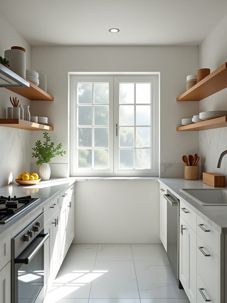  high quality portrait photo of a bright, airy small white kitchen with open shelving, marble countertops, and a large window letting in natural light, shot from a wide angle perspective hyperrealistic, full body, detailed clothing, highly detailed, cinematic lighting, stunningly beautiful, intricate, sharp focus, f/1. 8, 85mm, (centered image composition), (professionally color graded), ((bright soft diffused light)), volumetric fog, trending on instagram, trending on tumblr, HDR 4K, 8K